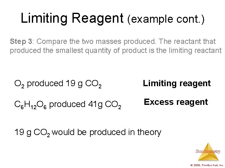 Limiting Reagent (example cont. ) Step 3: Compare the two masses produced. The reactant