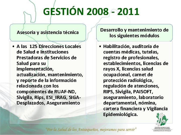 GESTIÓN 2008 - 2011 Asesoría y asistencia técnica • A las 125 Direcciones Locales