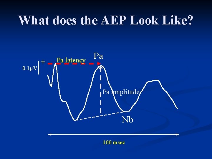 What does the AEP Look Like? 0. 1µV + Pa latency Pa Pa amplitude What does the AEP Look Like? 0. 1µV + Pa latency Pa Pa amplitude