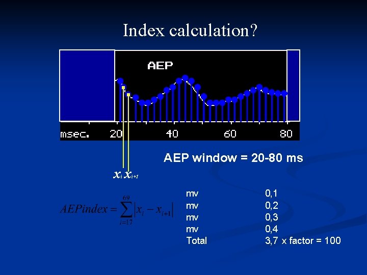 Index calculation? AEP window = 20 -80 ms xx i i+1 mv mv Total Index calculation? AEP window = 20 -80 ms xx i i+1 mv mv Total