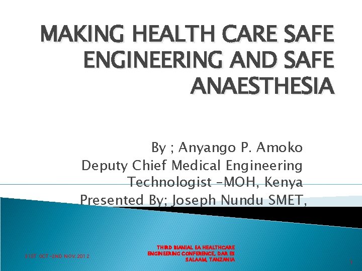 MAKING HEALTH CARE SAFE ENGINEERING AND SAFE ANAESTHESIA By ; Anyango P. Amoko Deputy