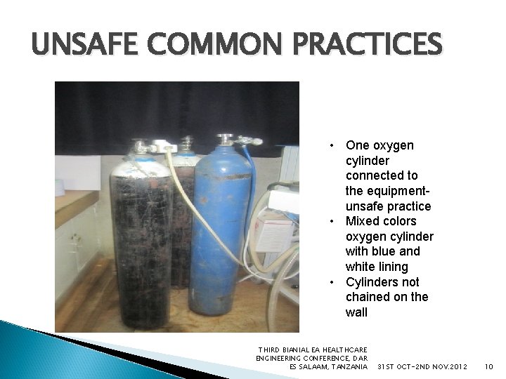 UNSAFE COMMON PRACTICES • One oxygen cylinder connected to the equipmentunsafe practice • Mixed