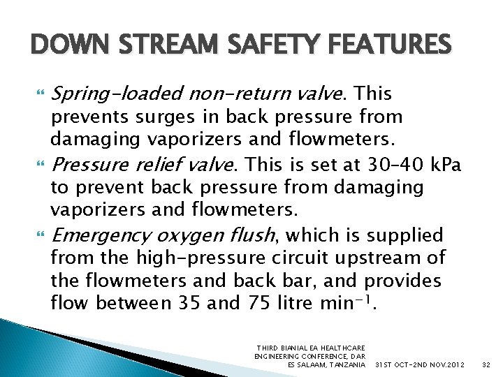 DOWN STREAM SAFETY FEATURES Spring-loaded non-return valve. This prevents surges in back pressure from