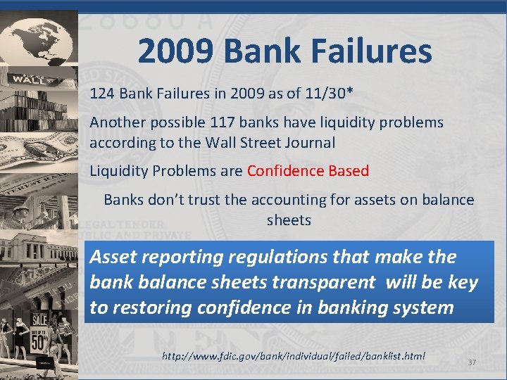 2009 Bank Failures 124 Bank Failures in 2009 as of 11/30* Another possible 117