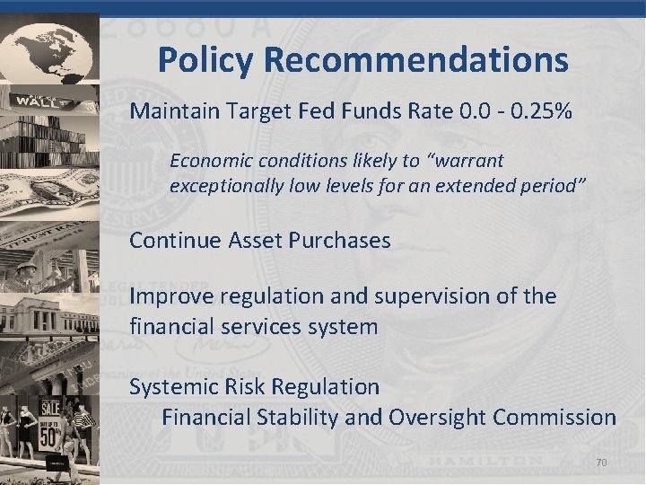 Policy Recommendations Maintain Target Fed Funds Rate 0. 0 - 0. 25% Economic conditions