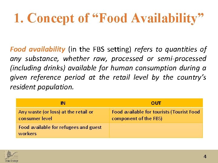 1. Concept of “Food Availability” Food availability (in the FBS setting) refers to quantities