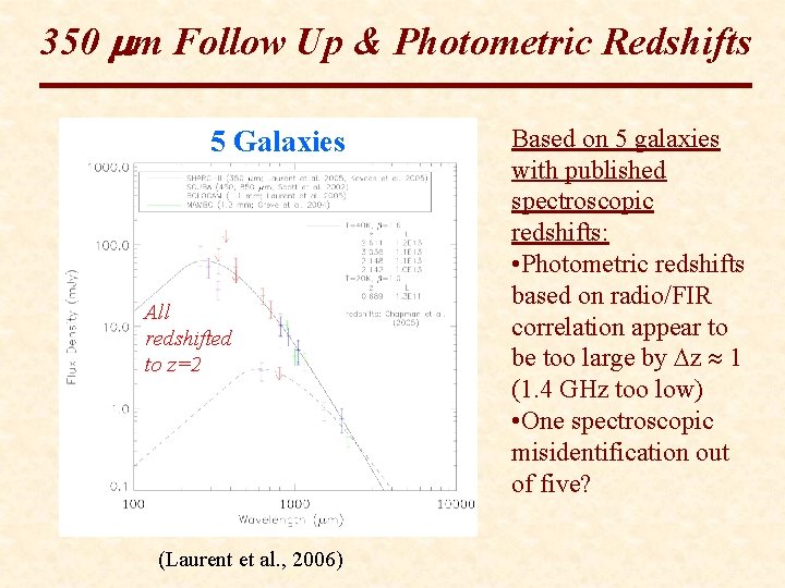 350 m Follow Up & Photometric Redshifts 5 Galaxies All redshifted to z=2 (Laurent