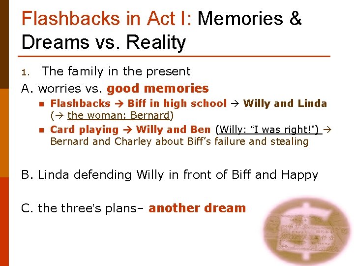 Flashbacks in Act I: Memories & Dreams vs. Reality The family in the present