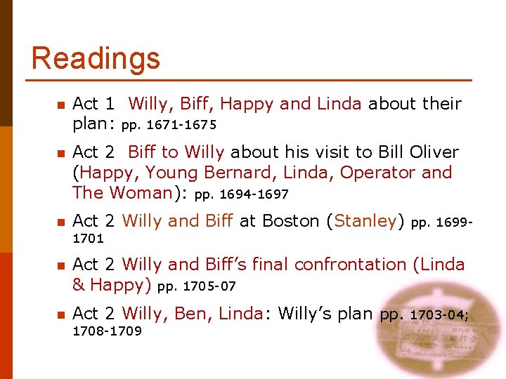 Readings n Act 1 Willy, Biff, Happy and Linda about their plan: pp. 1671
