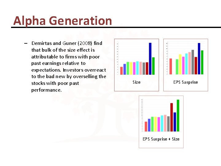 Alpha Generation – Demirtas and Guner (2008) find that bulk of the size effect