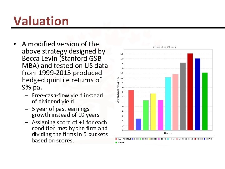 Valuation • A modified version of the above strategy designed by Becca Levin (Stanford