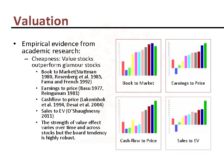 Valuation • Empirical evidence from academic research: – Cheapness: Value stocks outperform glamour stocks