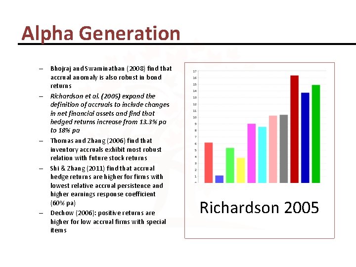Alpha Generation – Bhojraj and Swaminathan (2008) find that accrual anomaly is also robust