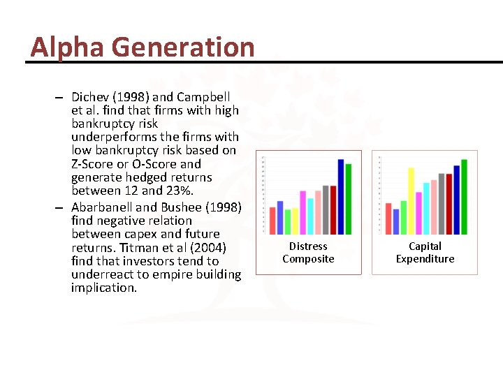 Alpha Generation – Dichev (1998) and Campbell et al. find that firms with high