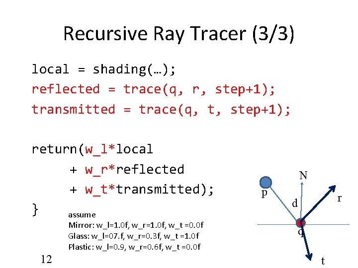 Recursive Ray Tracer (3/3) local = shading(…); reflected = trace(q, r, step+1); transmitted = Recursive Ray Tracer (3/3) local = shading(…); reflected = trace(q, r, step+1); transmitted =