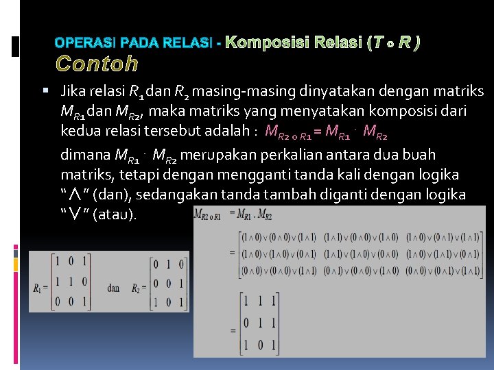 Komposisi Relasi (T ο R ) Contoh Jika relasi R 1 dan R 2 Komposisi Relasi (T ο R ) Contoh Jika relasi R 1 dan R 2