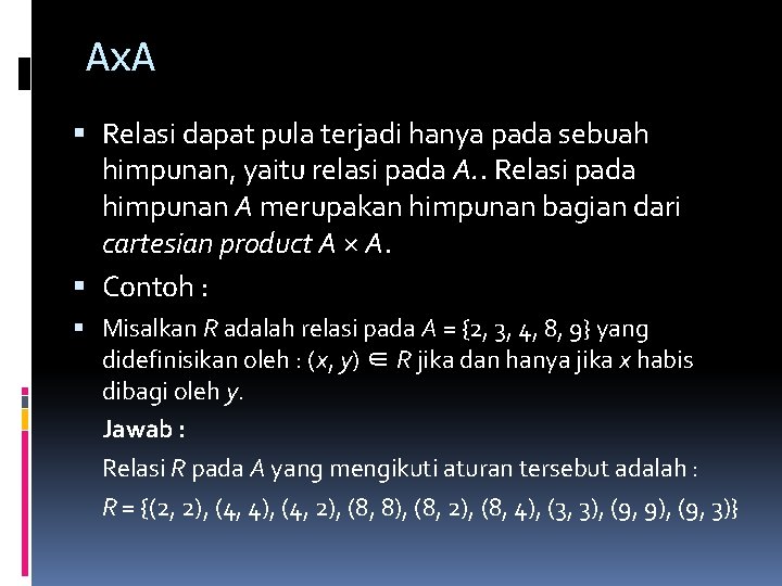 Ax. A Relasi dapat pula terjadi hanya pada sebuah himpunan, yaitu relasi pada A. Ax. A Relasi dapat pula terjadi hanya pada sebuah himpunan, yaitu relasi pada A.