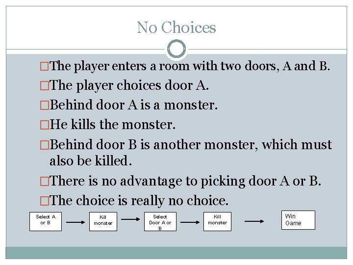 No Choices �The player enters a room with two doors, A and B. �The