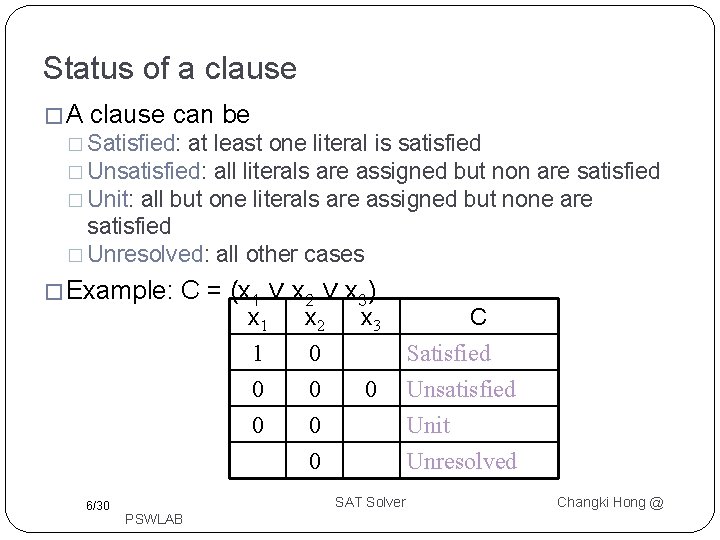 Status of a clause �A clause can be � Satisfied: at least one literal