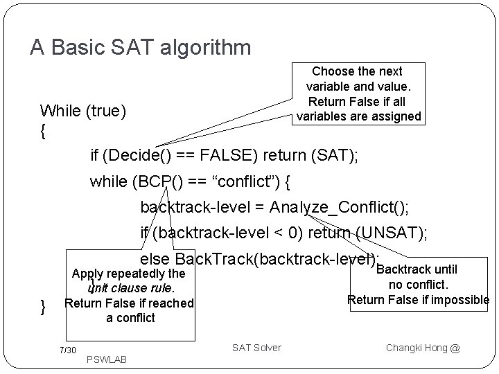 A Basic SAT algorithm Choose the next variable and value. Return False if all