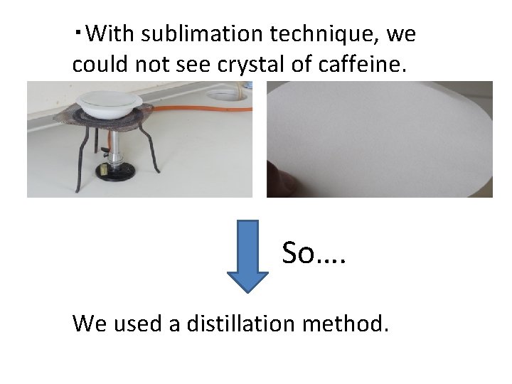 ・With sublimation technique, we could not see crystal of caffeine. So…. We used a