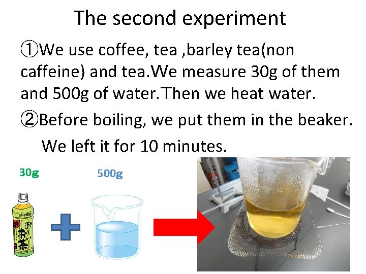 The second experiment ①We use coffee, tea , barley tea(non caffeine) and tea. Ｗe