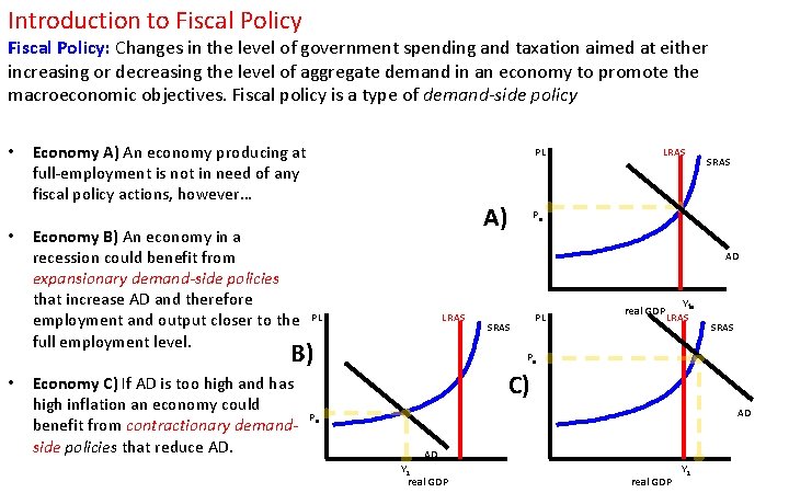 Introduction to Fiscal Policy: Changes in the level of government spending and taxation aimed