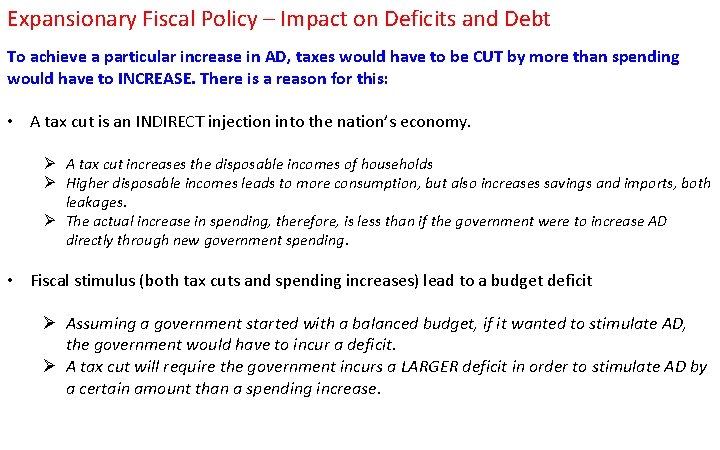 Expansionary Fiscal Policy – Impact on Deficits and Debt To achieve a particular increase