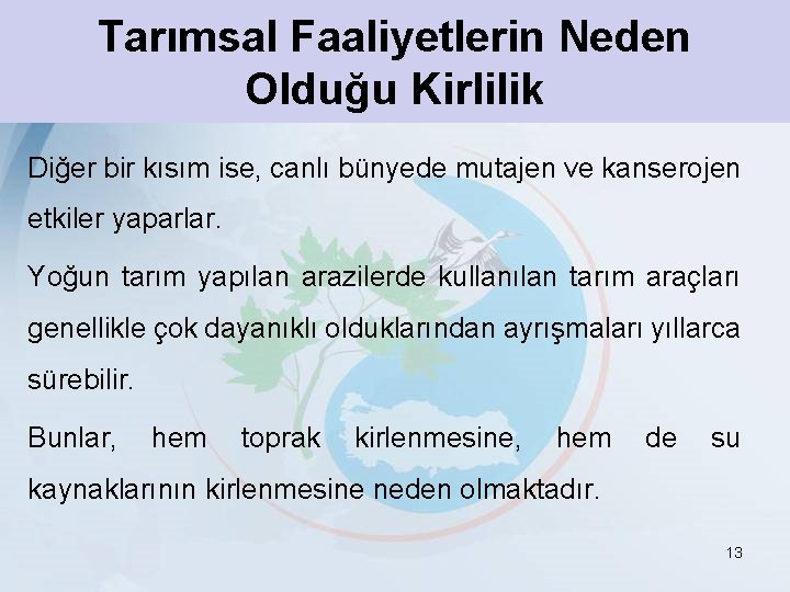 Tarımsal Faaliyetlerin Neden Olduğu Kirlilik Diğer bir kısım ise, canlı bünyede mutajen ve kanserojen