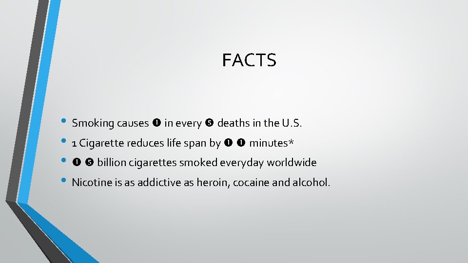 FACTS • Smoking causes in every deaths in the U. S. • 1 Cigarette