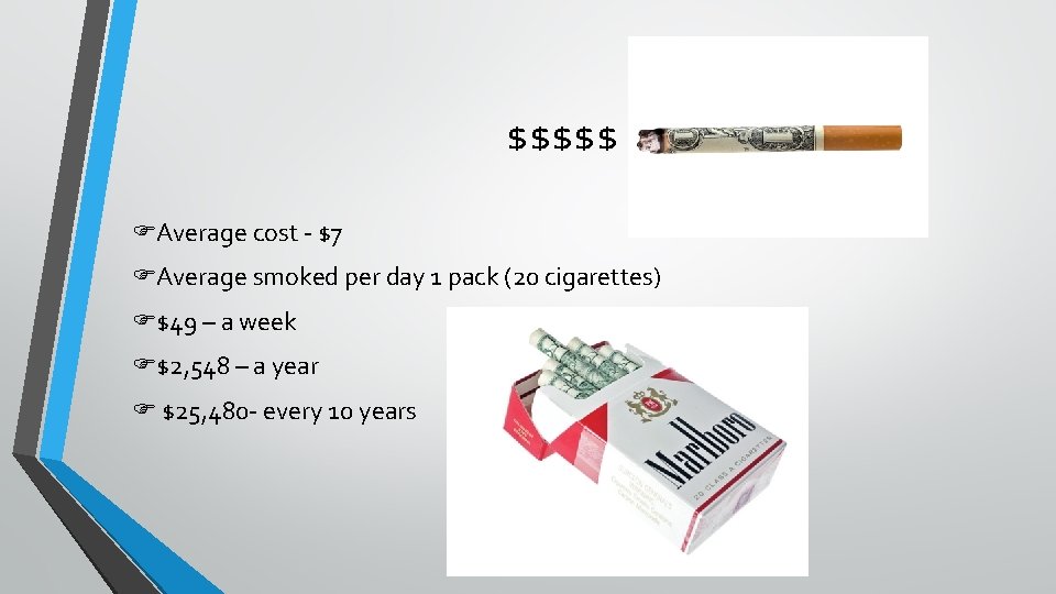 $$$$$ Average cost - $7 Average smoked per day 1 pack (20 cigarettes) $49