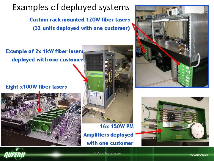Examples of deployed systems Custom rack mounted 120 W fiber lasers (32 units deployed Examples of deployed systems Custom rack mounted 120 W fiber lasers (32 units deployed