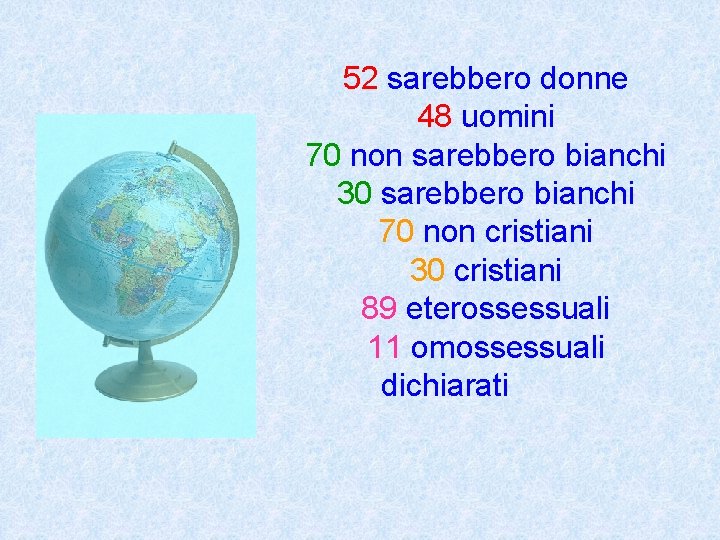 52 sarebbero donne 48 uomini 70 non sarebbero bianchi 30 sarebbero bianchi 70 non