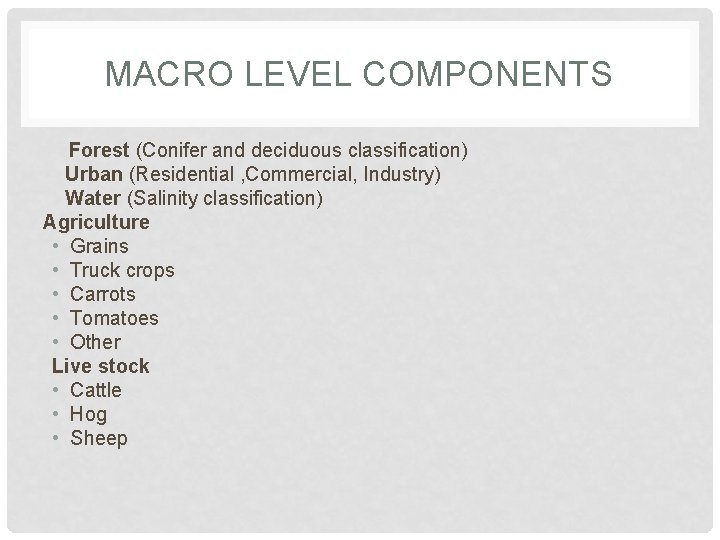 MACRO LEVEL COMPONENTS Forest (Conifer and deciduous classification) Urban (Residential , Commercial, Industry) Water