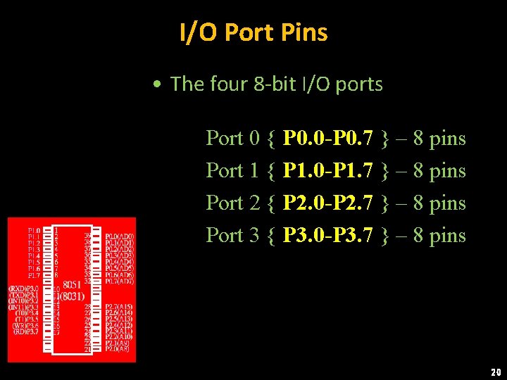 I/O Port Pins • The four 8 -bit I/O ports Port 0 { P