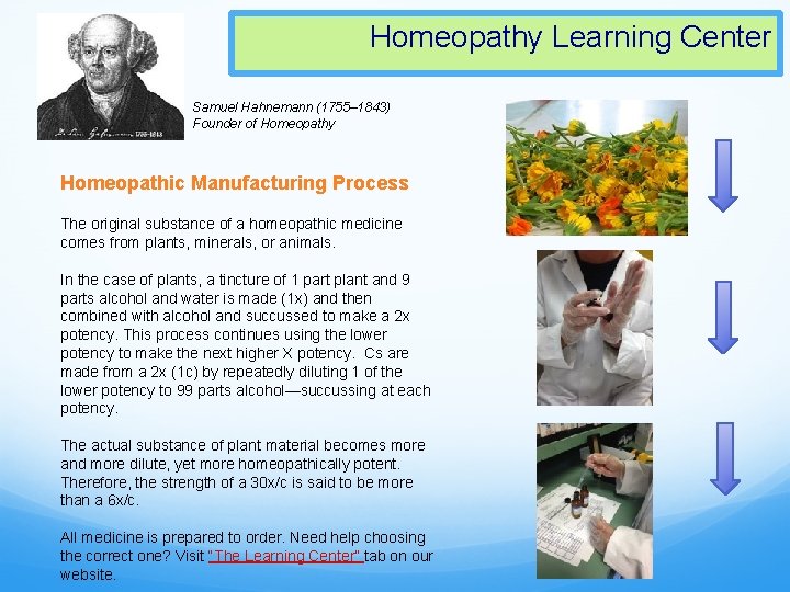 Homeopathy Learning Center Samuel Hahnemann (1755– 1843) Founder of Homeopathy Homeopathic Manufacturing Process The