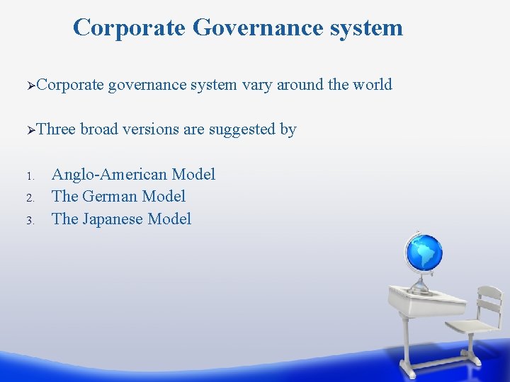 Corporate Governance system ØCorporate ØThree 1. 2. 3. governance system vary around the world