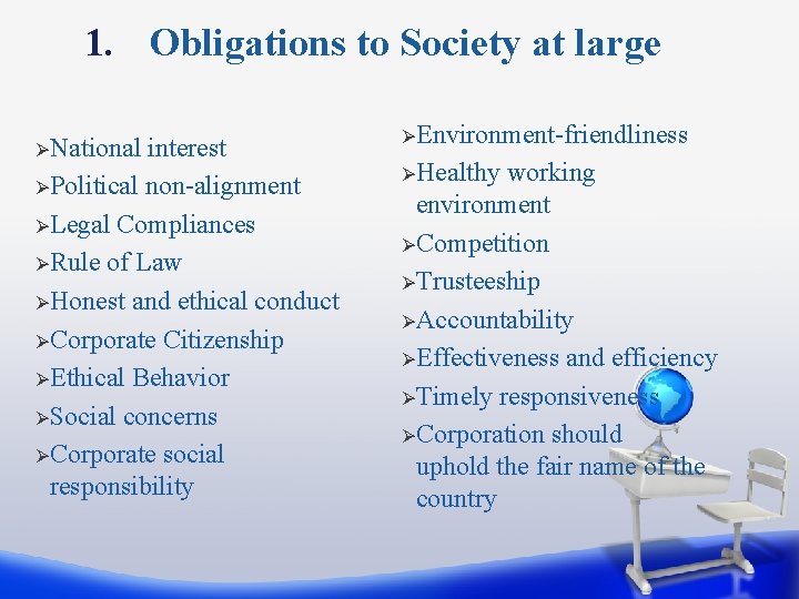 1. Obligations to Society at large ØNational interest ØPolitical non-alignment ØLegal Compliances ØRule of