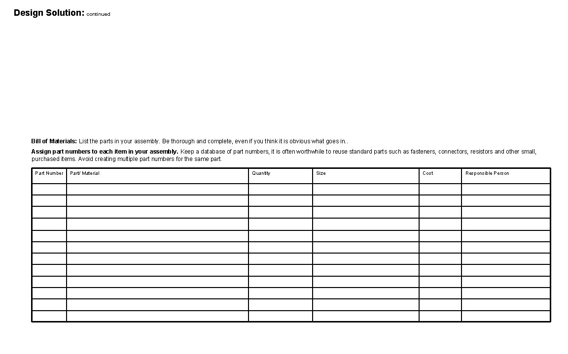 Design Solution: continued Bill of Materials: List the parts in your assembly. Be thorough Design Solution: continued Bill of Materials: List the parts in your assembly. Be thorough