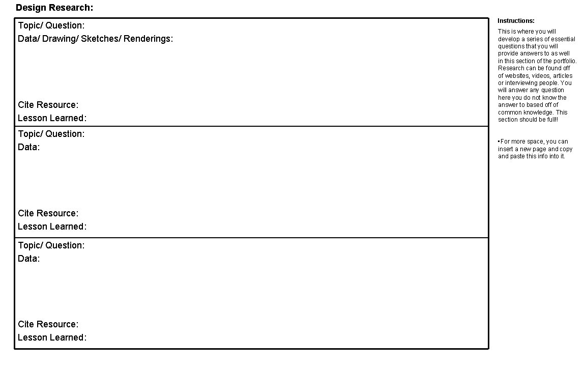 Design Research: Topic/ Question: Data/ Drawing/ Sketches/ Renderings: Cite Resource: Lesson Learned: Topic/ Question: Design Research: Topic/ Question: Data/ Drawing/ Sketches/ Renderings: Cite Resource: Lesson Learned: Topic/ Question:
