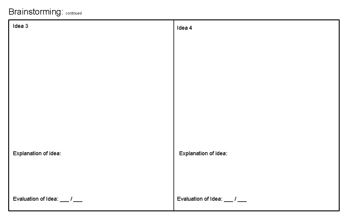 Brainstorming: continued Idea 3 Explanation of idea: Evaluation of Idea: ___ / ___ Idea Brainstorming: continued Idea 3 Explanation of idea: Evaluation of Idea: ___ / ___ Idea