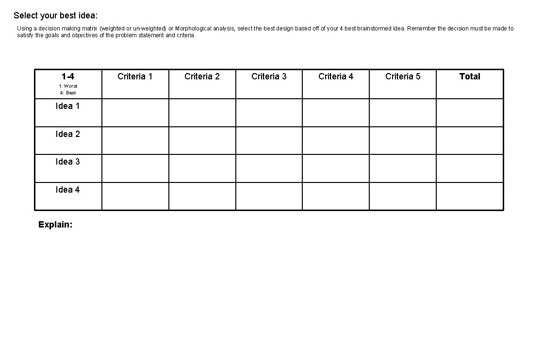 Select your best idea: Using a decision making matrix (weighted or un-weighted) or Morphological Select your best idea: Using a decision making matrix (weighted or un-weighted) or Morphological