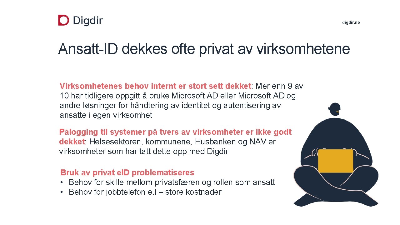 digdir. no Ansatt-ID dekkes ofte privat av virksomhetene Virksomhetenes behov internt er stort sett