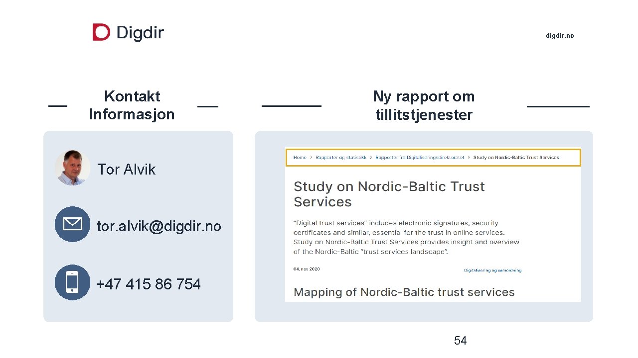 digdir. no Kontakt Informasjon Ny rapport om tillitstjenester Tor Alvik tor. alvik@digdir. no +47