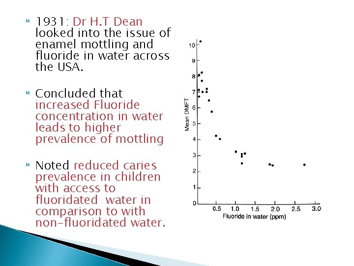  1931: Dr H. T Dean looked into the issue of enamel mottling and