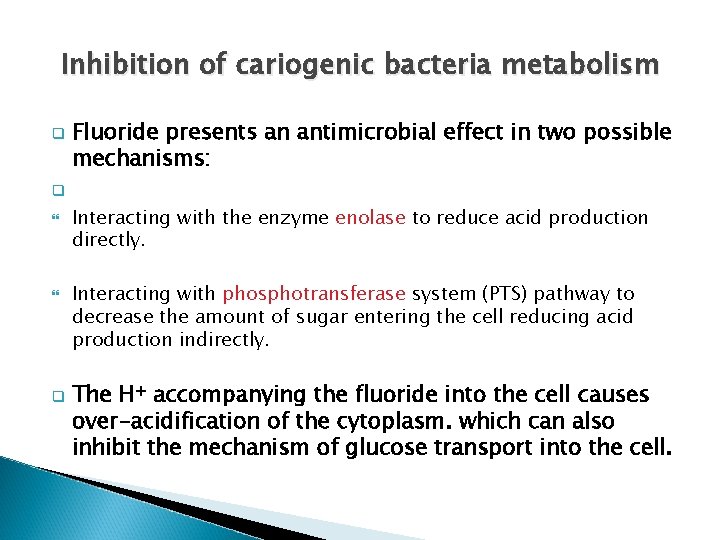 Inhibition of cariogenic bacteria metabolism q Fluoride presents an antimicrobial effect in two possible