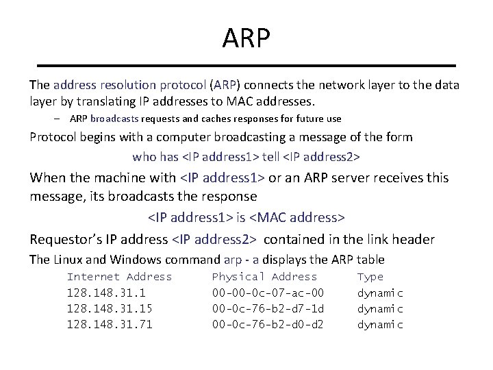 ARP The address resolution protocol (ARP) connects the network layer to the data layer