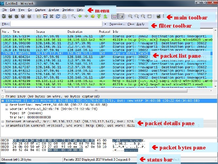  menu main toolbar filter toolbar packet list pane packet details pane packet bytes