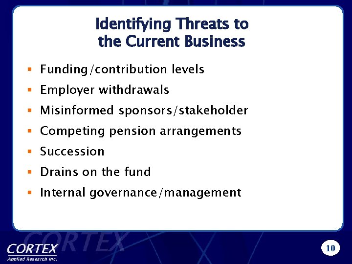 Identifying Threats to the Current Business § Funding/contribution levels § Employer withdrawals § Misinformed