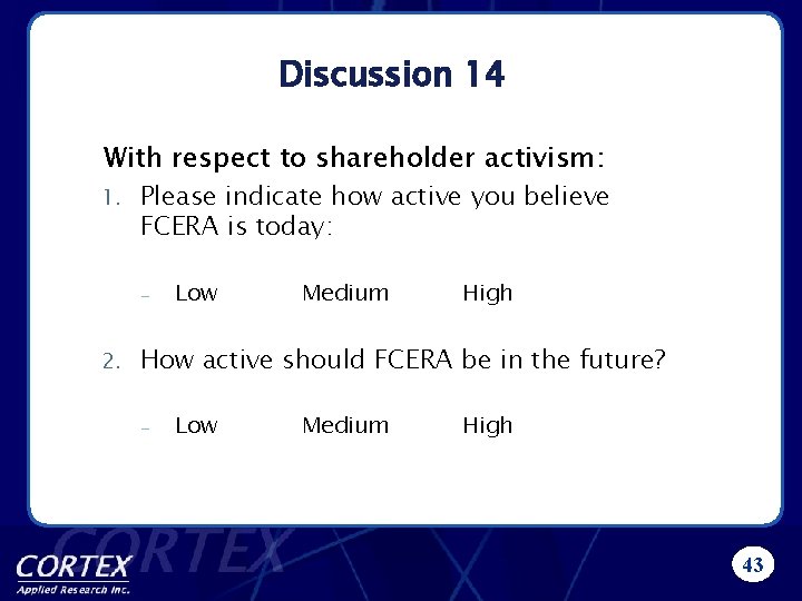 Discussion 14 With respect to shareholder activism: 1. Please indicate how active you believe